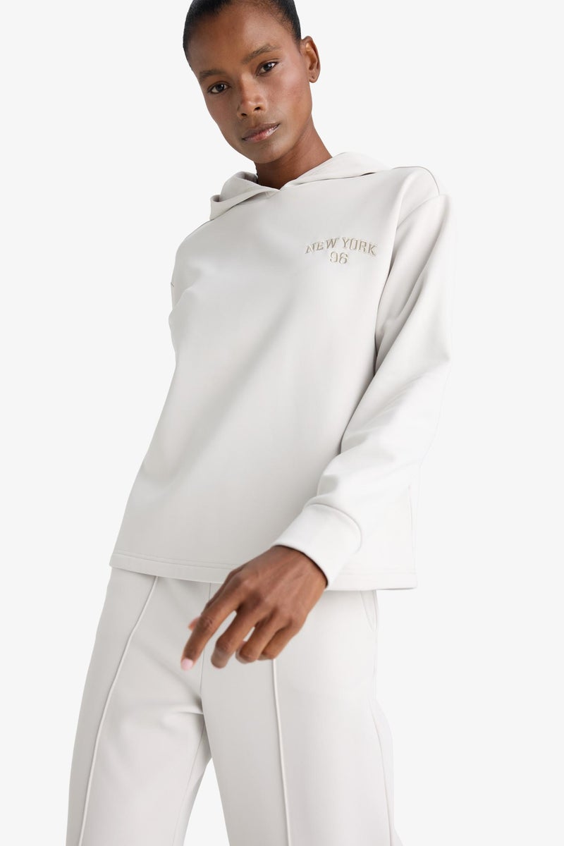 DeFacto Beige Woman Standard Fit Printed Scuba Fabric Sports Hoodie Casual - Image 4